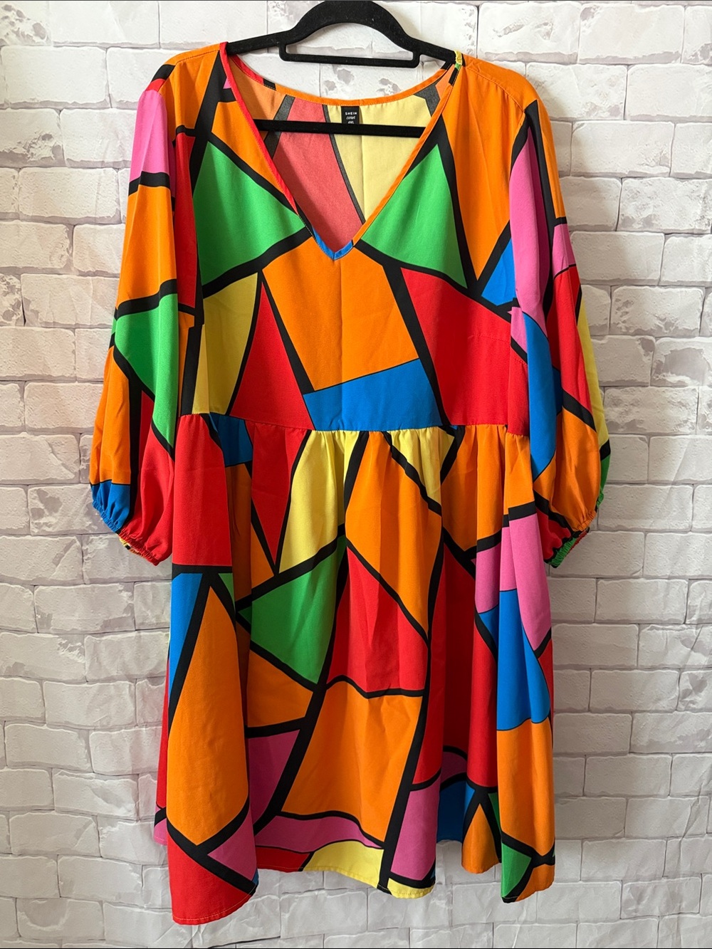 SHEIN Multi-Color Geo Print V-Neck Midi Dress